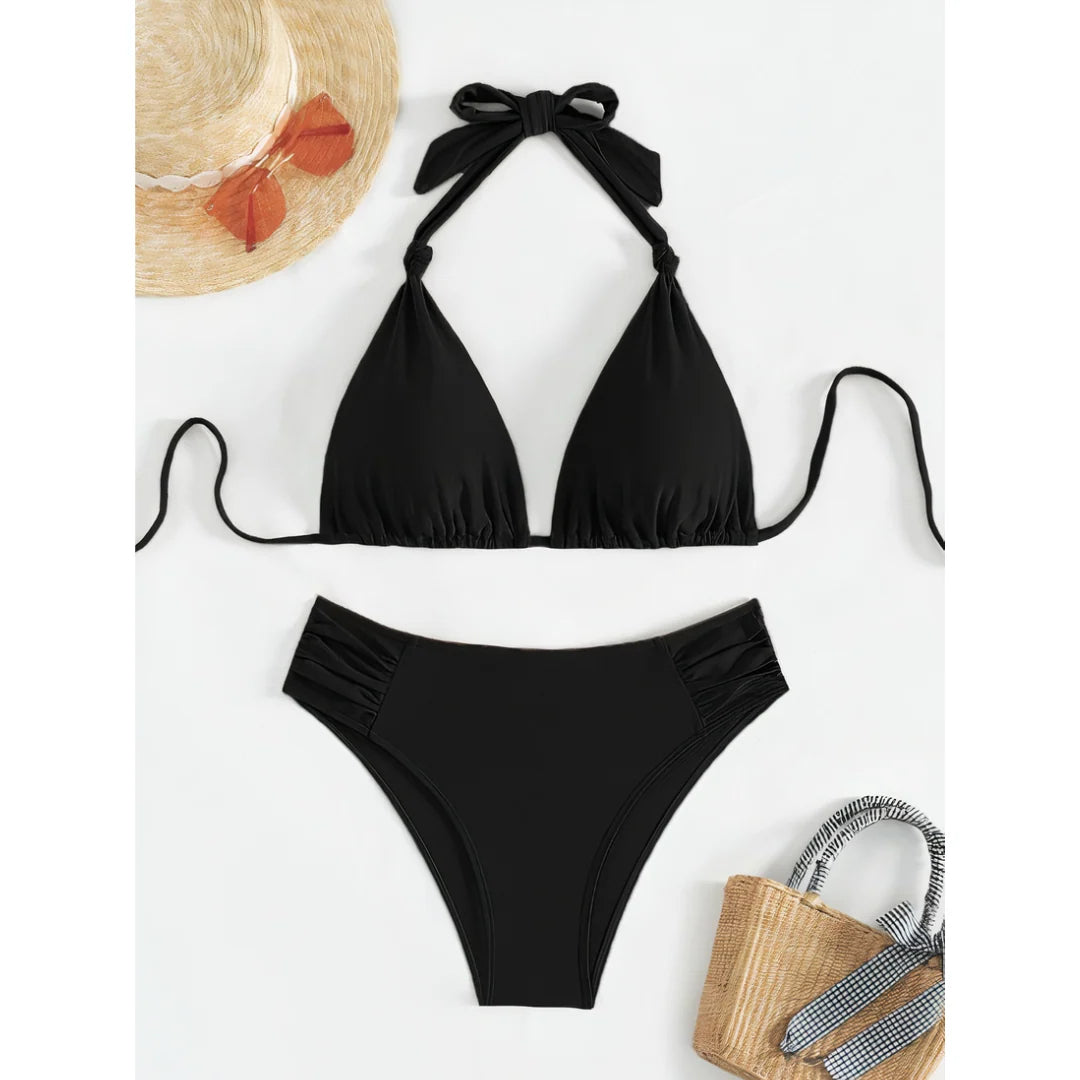 Bikini Set Adjustable Triangle Halterneck Ruched Bottoms