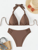 Bikini Set Adjustable Triangle Halterneck Ruched Bottoms