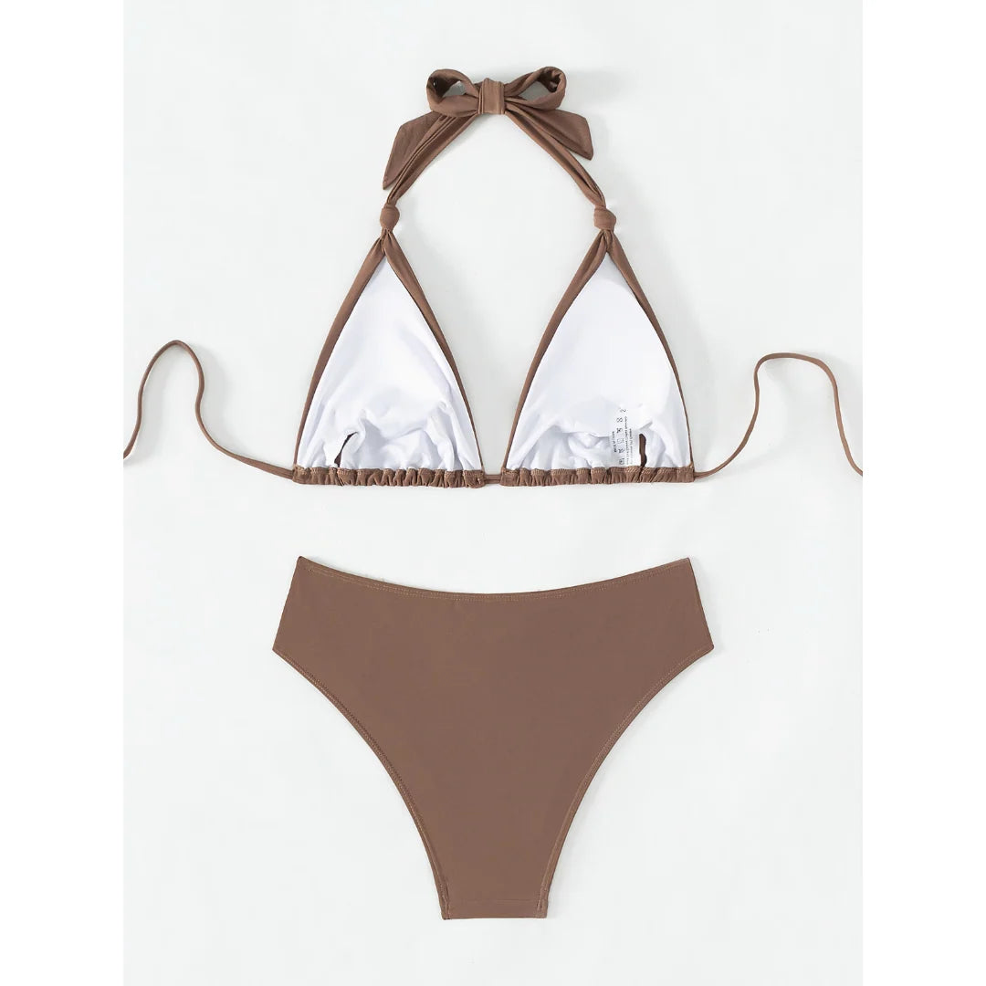 Bikini Set Adjustable Triangle Halterneck Ruched Bottoms