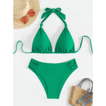 Bikini Set Adjustable Triangle Halterneck Ruched Bottoms