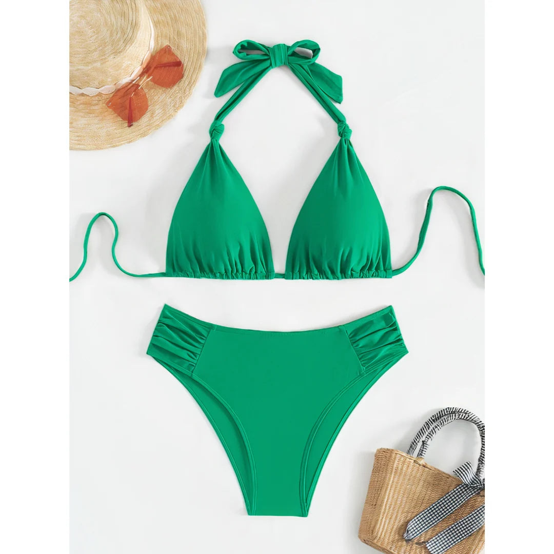 Bikini Set Adjustable Triangle Halterneck Ruched Bottoms