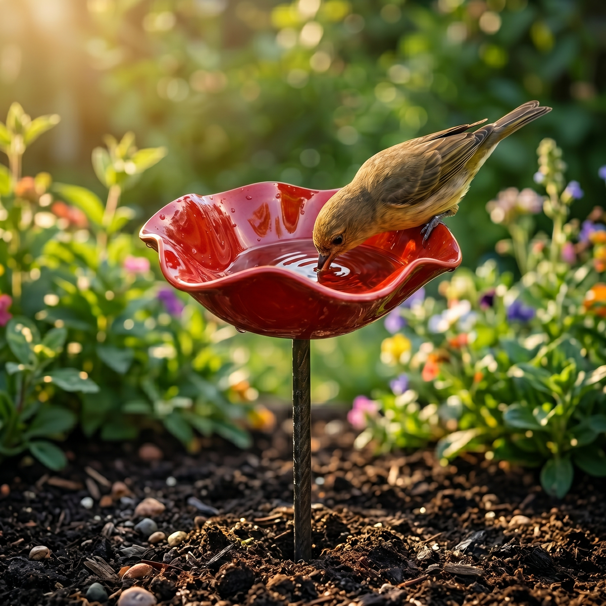 Bird Bath Garden Stake Flower-Shaped Weather-Resistant Metal