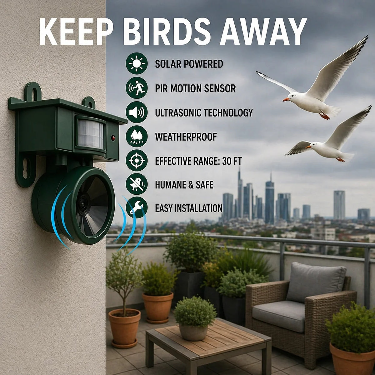 Bird Deterrent Solar-Powered Motion-Activated Predator Sounds Weather-Resistant