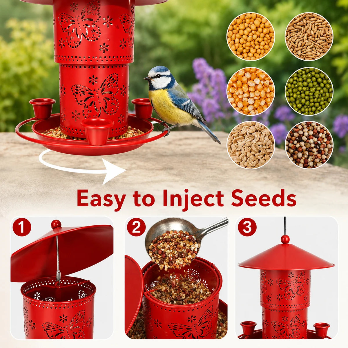 Bird Feeder Metal Retractable 32 Oz Three Water Cups