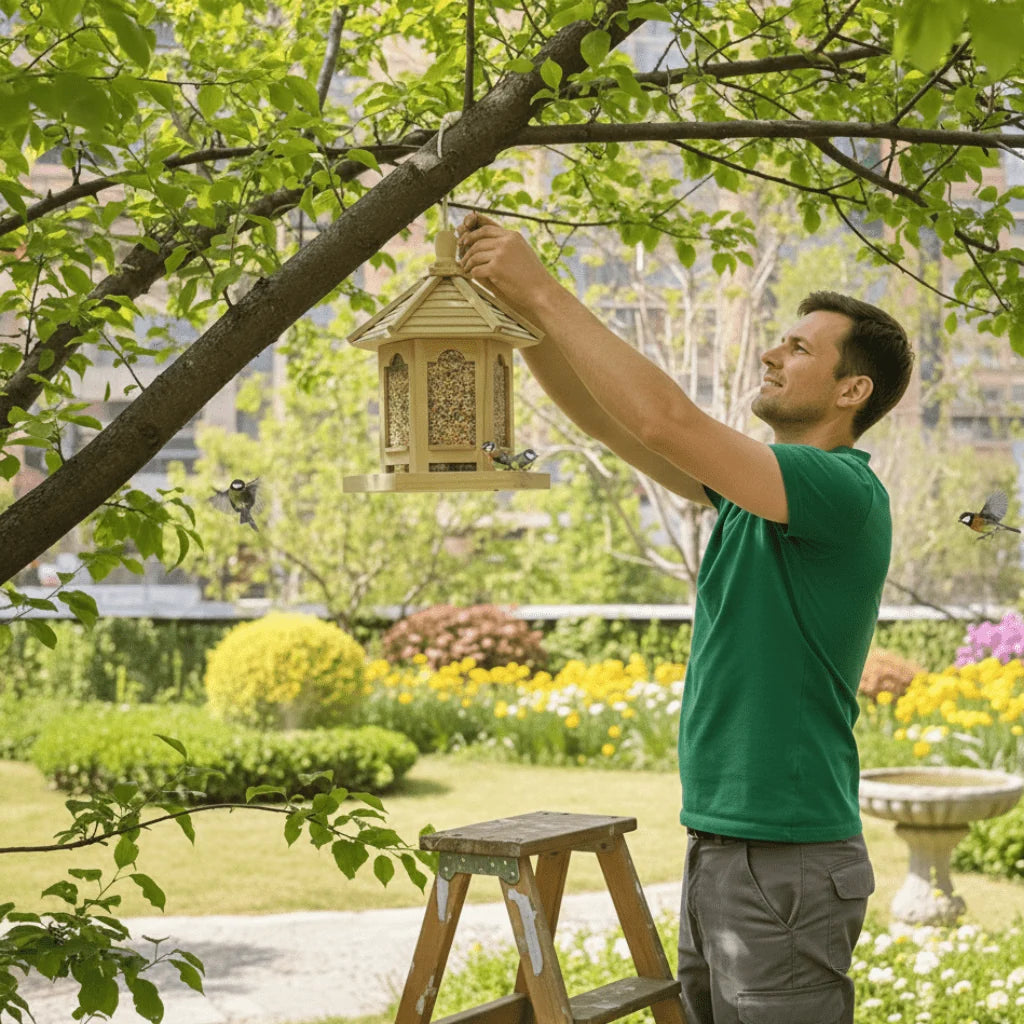 Bird Feeder Wooden Woven Hanging Integrated Water System