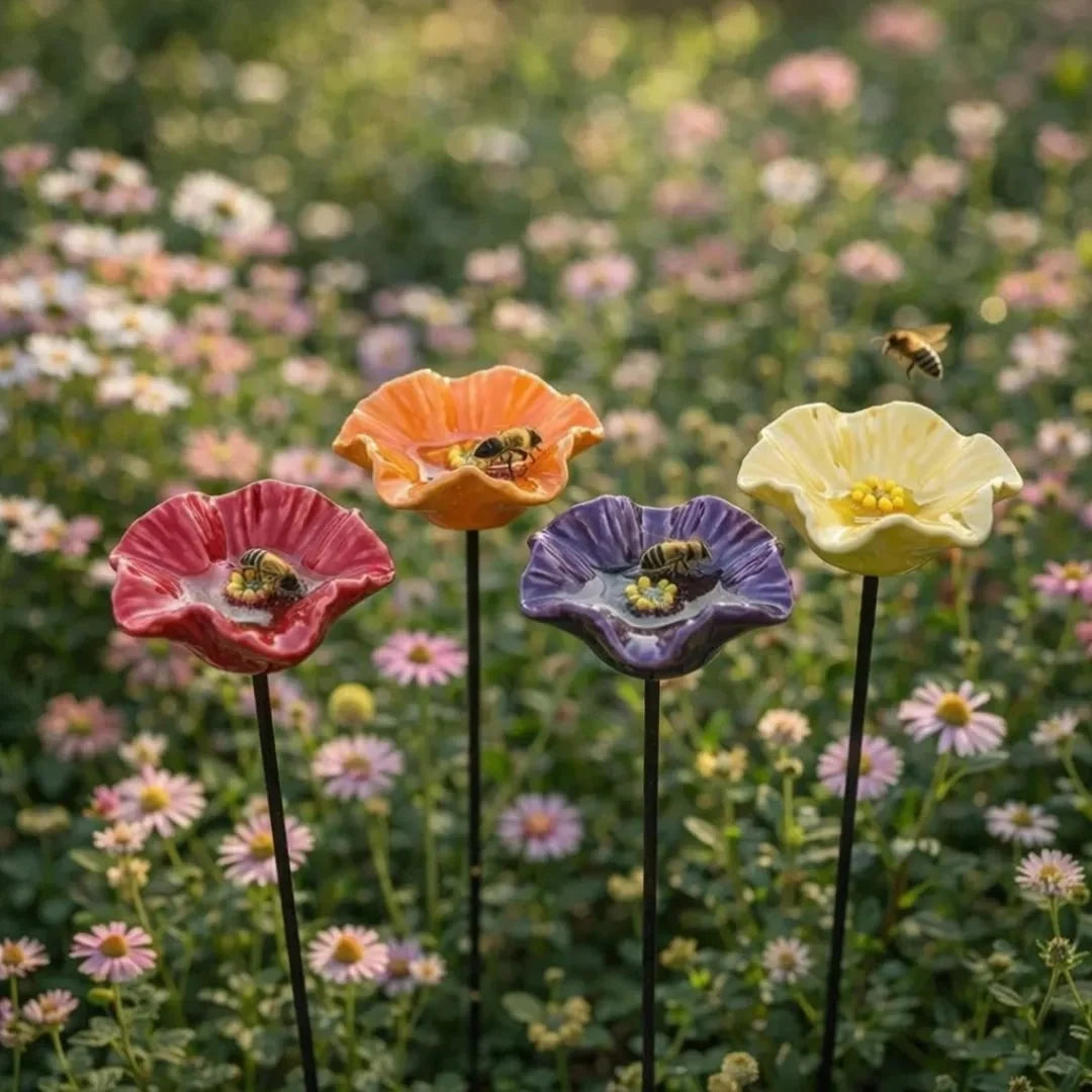 Bird Water Feeder Stakes Glazed Ceramic Flower Cups Set of 4, 8, or 12