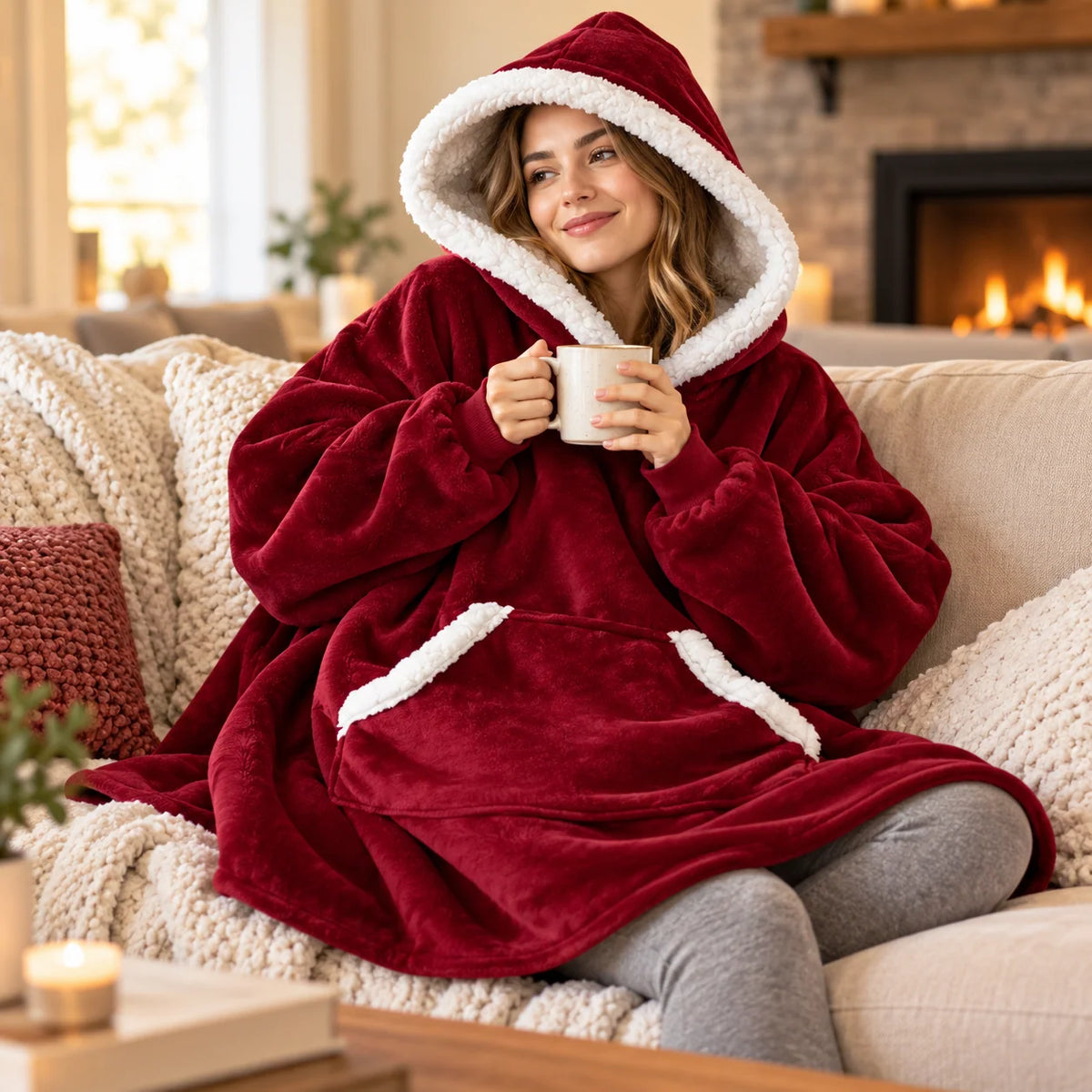 Blanket Hoodie Sherpa-Lined Oversized Plaid Pullover