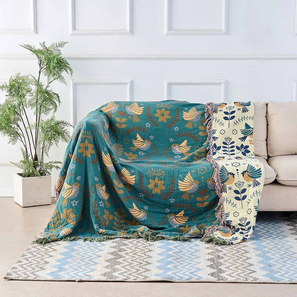 Blanket Reversible Cotton Bird & Floral Design