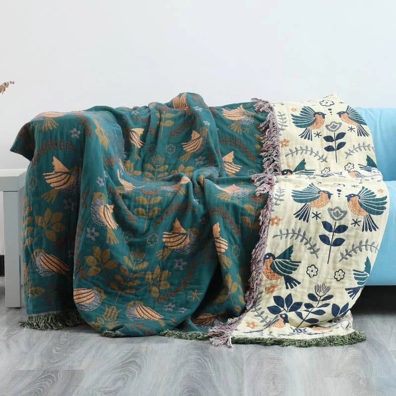 Blanket Reversible Cotton Bird & Floral Design