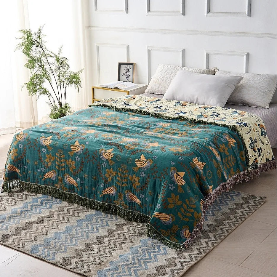 Blanket Reversible Cotton Bird Motif 4-Layer Jacquard Weave