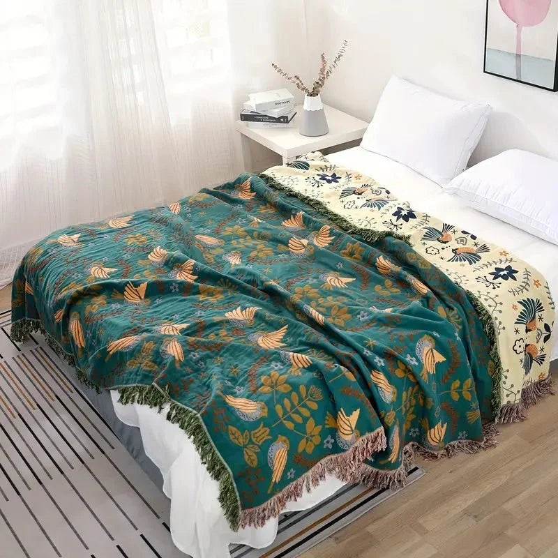 Blanket Reversible Cotton Bird Motif 4-Layer Jacquard Weave
