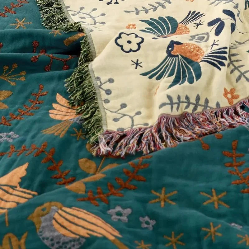 Blanket Reversible Cotton Bird Motif 4-Layer Jacquard Weave