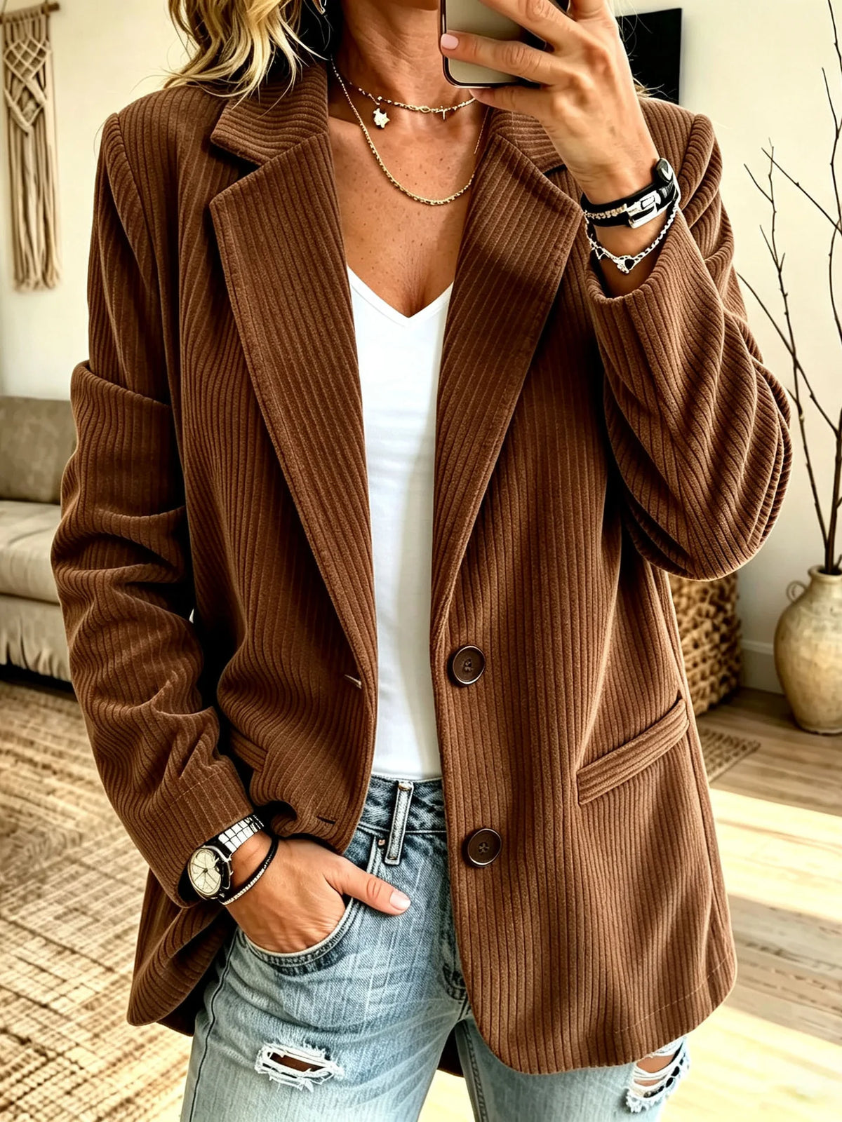 Blazer Corduroy Pinstripe Look Oversized Fit Pockets