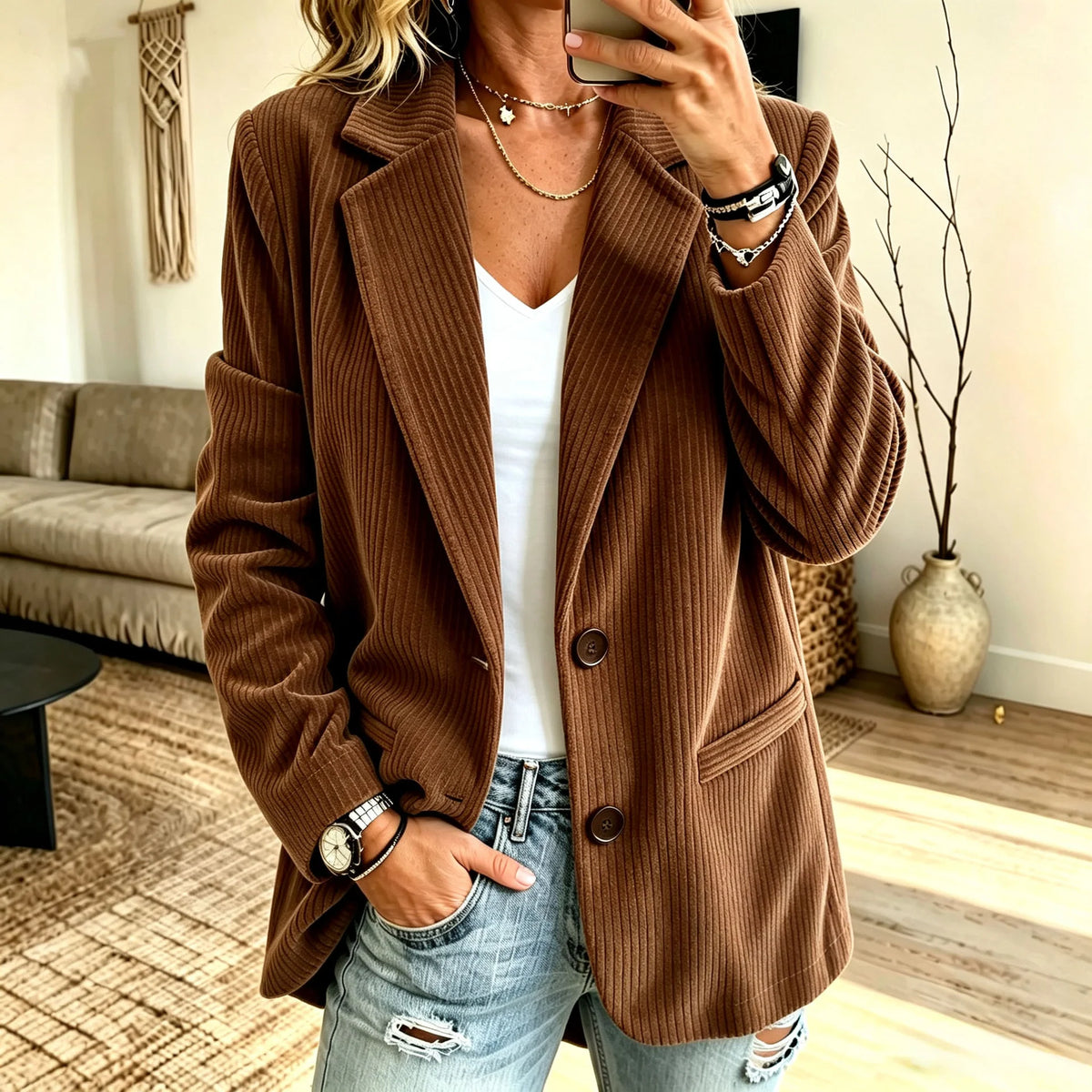 Blazer Corduroy Pinstripe Look Oversized Fit Pockets