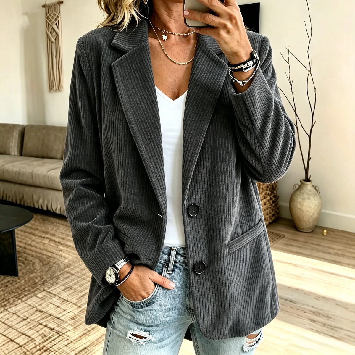 Blazer Corduroy Pinstripe Look Oversized Fit Pockets