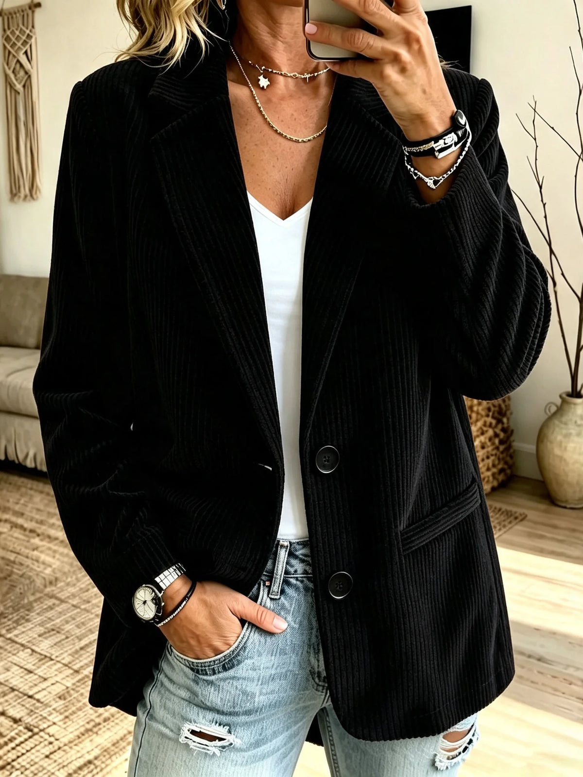 Blazer Corduroy Pinstripe Look Oversized Fit Pockets
