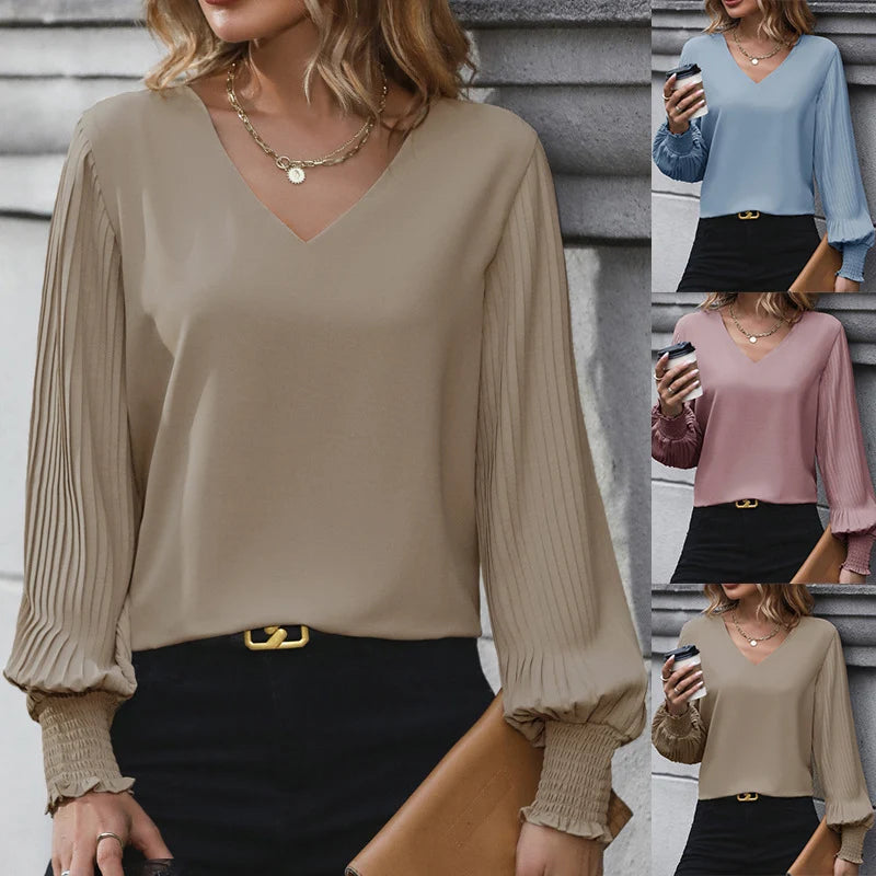 Blouse V-Neck Pleated Balloon Sleeves Smocked Cuffs