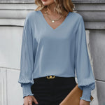 Blouse V-Neck Pleated Balloon Sleeves Smocked Cuffs