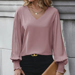 Blouse V-Neck Pleated Balloon Sleeves Smocked Cuffs