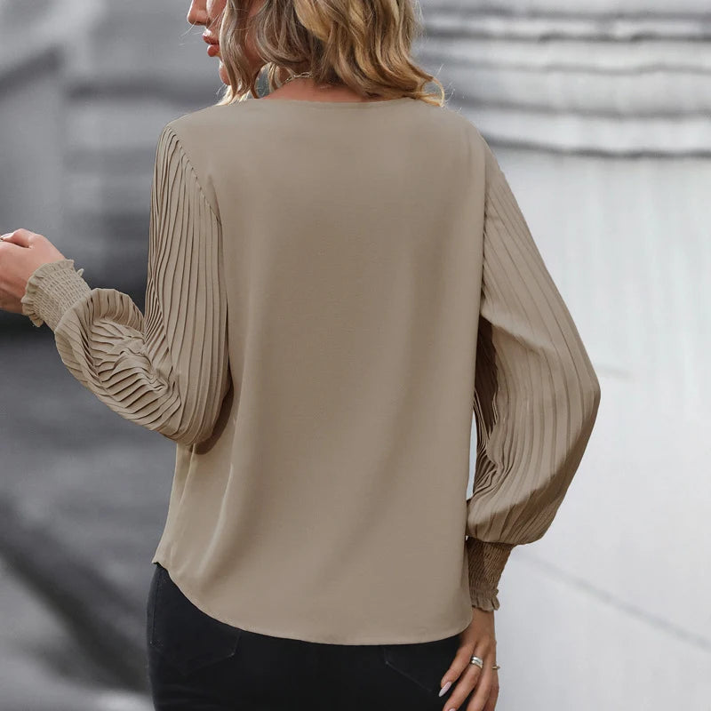 Blouse V-Neck Pleated Balloon Sleeves Smocked Cuffs
