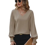 Blouse V-Neck Pleated Balloon Sleeves Smocked Cuffs