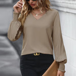 Blouse V-Neck Pleated Balloon Sleeves Smocked Cuffs