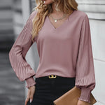 Blouse V-Neck Pleated Balloon Sleeves Smocked Cuffs