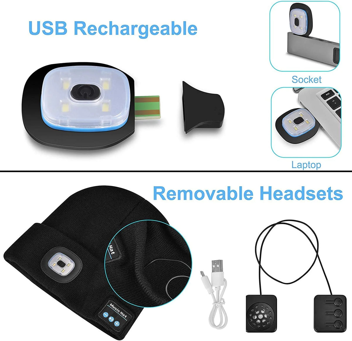 Bluetooth Beanie Built-In Headphones & Detachable LED