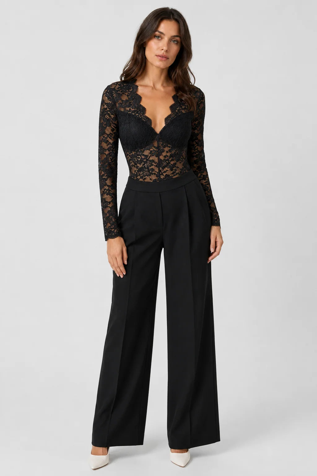 Bodysuit Floral Lace Sheer Sleeves Molded Cups