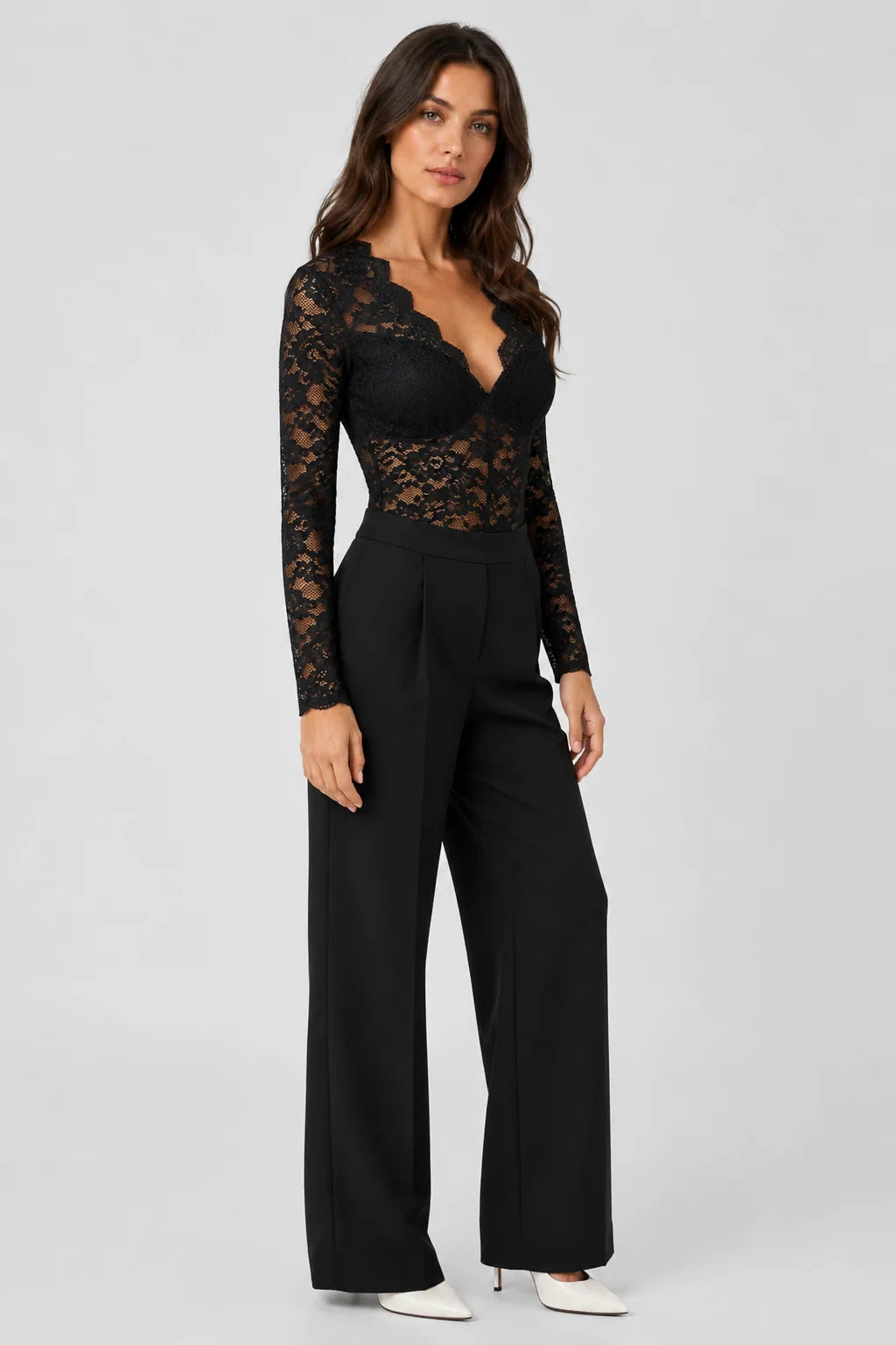 Bodysuit Floral Lace Sheer Sleeves Molded Cups