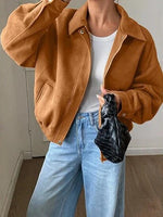 Bomber Jacket Cropped Relaxed Fit Zip & Snap Closure Pockets