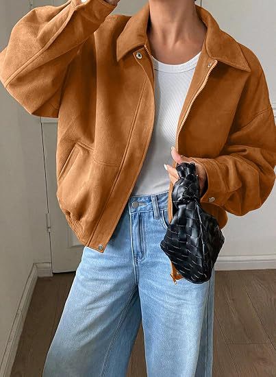 Bomber Jacket Cropped Relaxed Fit Zip & Snap Closure Pockets