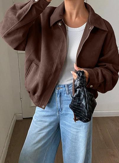 Bomber Jacket Cropped Relaxed Fit Zip & Snap Closure Pockets