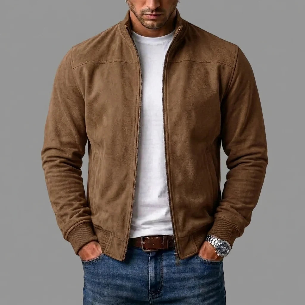 Bomber Jacket Faux Suede Stand-Up Collar Full Zip
