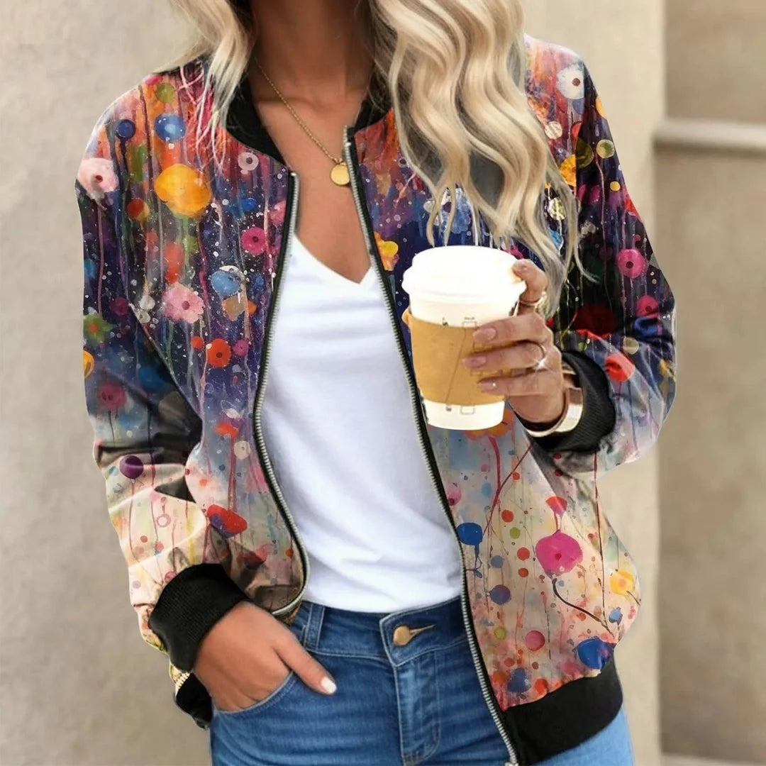 Bomber Jacket Lightweight Polyester Floral Print Relaxed Fit