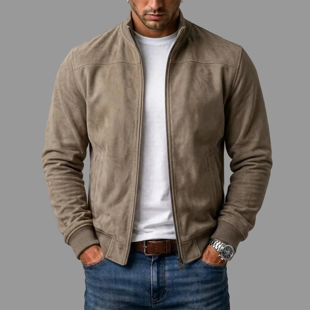 Bomber Jacket Suede-Like Texture Ribbed Cuffs & Hem