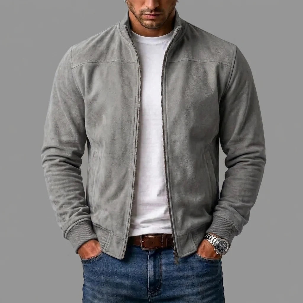 Bomber Jacket Suede-Like Texture Ribbed Cuffs & Hem