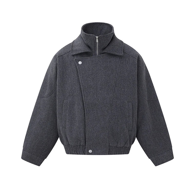 Bomber Jacket Wool Blend High Stand Collar Asymmetrical Closure