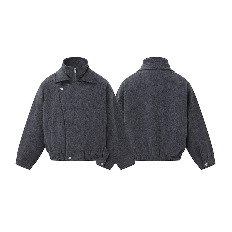 Bomber Jacket Wool Blend High Stand Collar Asymmetrical Closure