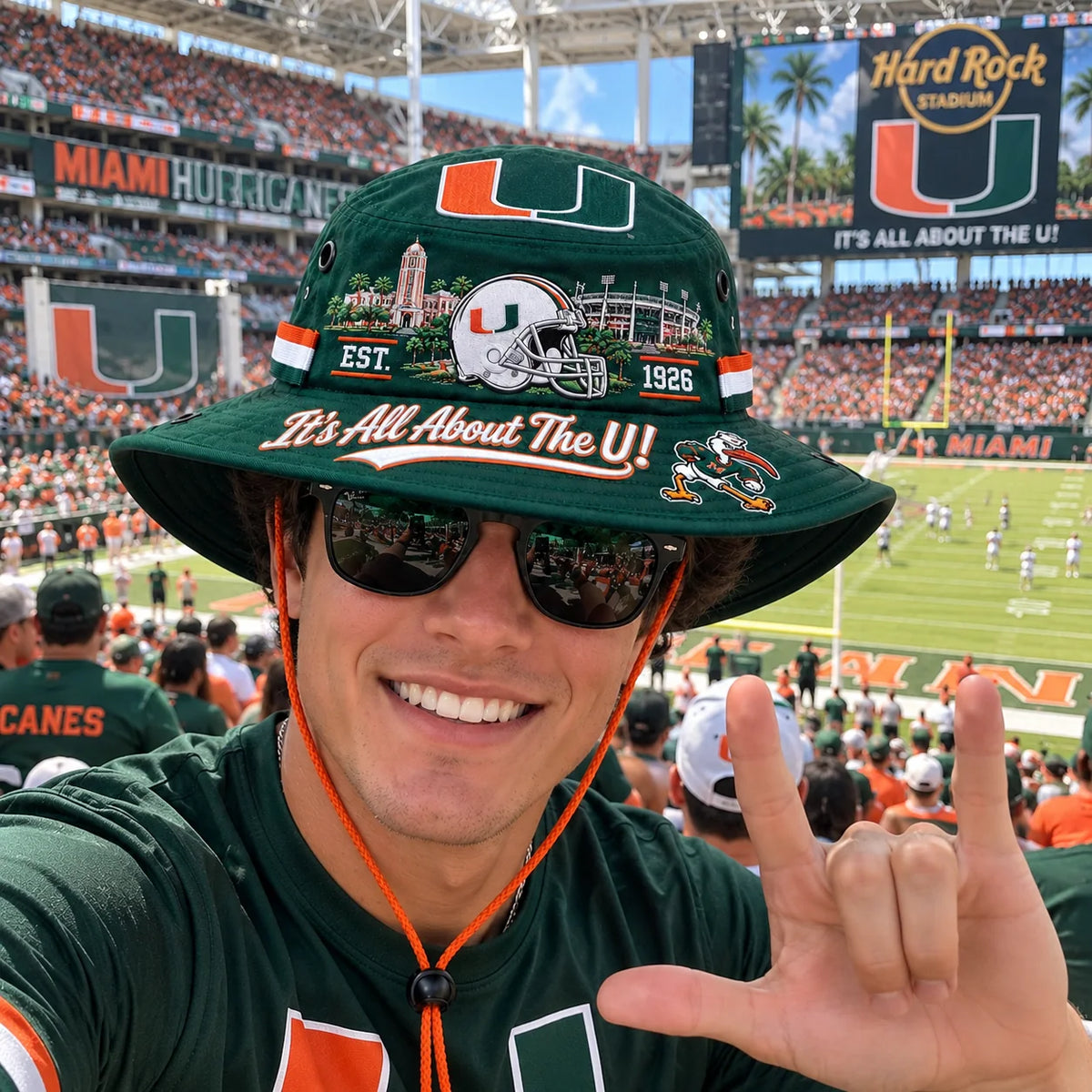 Boonie Hat Football-Inspired Embroidery Wide Brim Adjustable Chin Cord