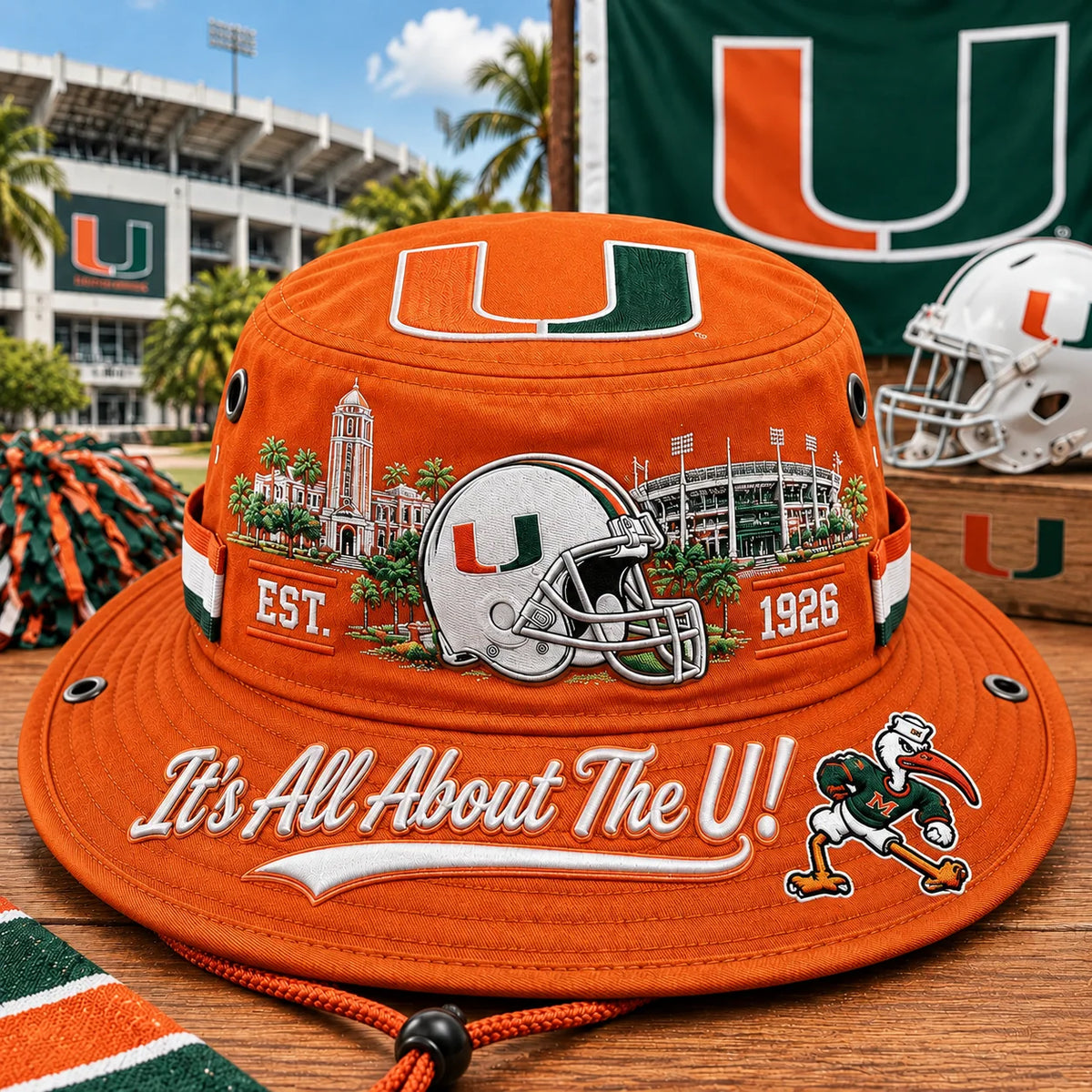 Boonie Hat Football-Inspired Embroidery Wide Brim Adjustable Chin Cord
