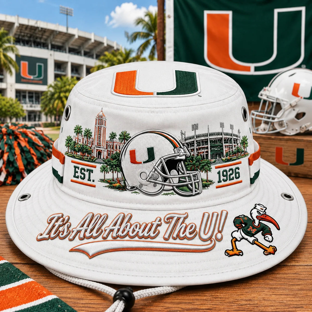 Boonie Hat Football-Inspired Embroidery Wide Brim Adjustable Chin Cord