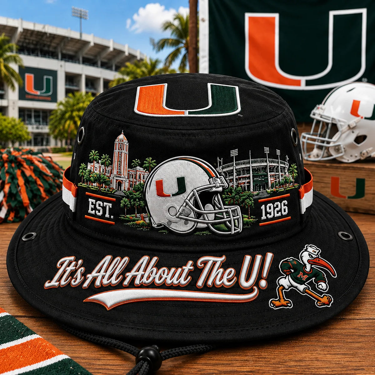 Boonie Hat Football-Inspired Embroidery Wide Brim Adjustable Chin Cord
