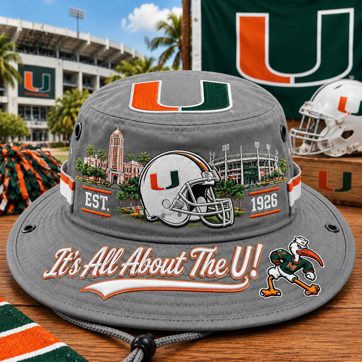 Boonie Hat Football-Inspired Embroidery Wide Brim Adjustable Chin Cord