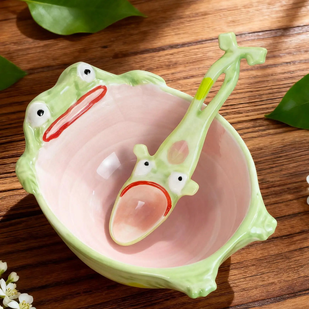 Bowl Set Ceramic Frog Design Matching Spoon