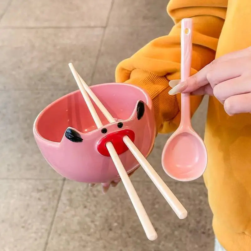 Bowl Set Porcelain Built-In Chopstick Holder Matching Spoon