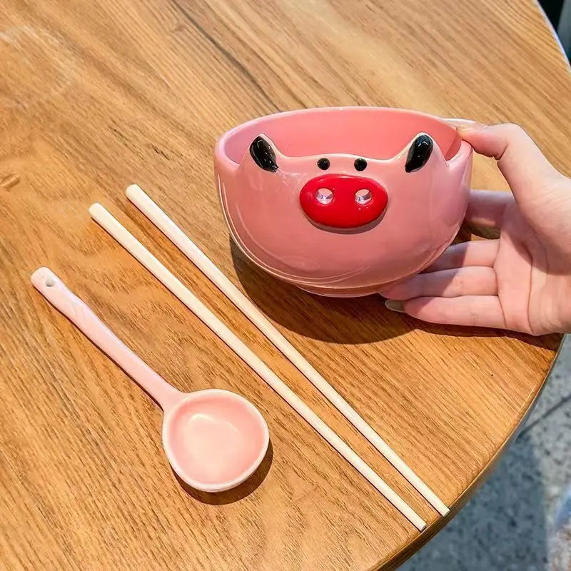 Bowl Set Porcelain Built-In Chopstick Holder Matching Spoon