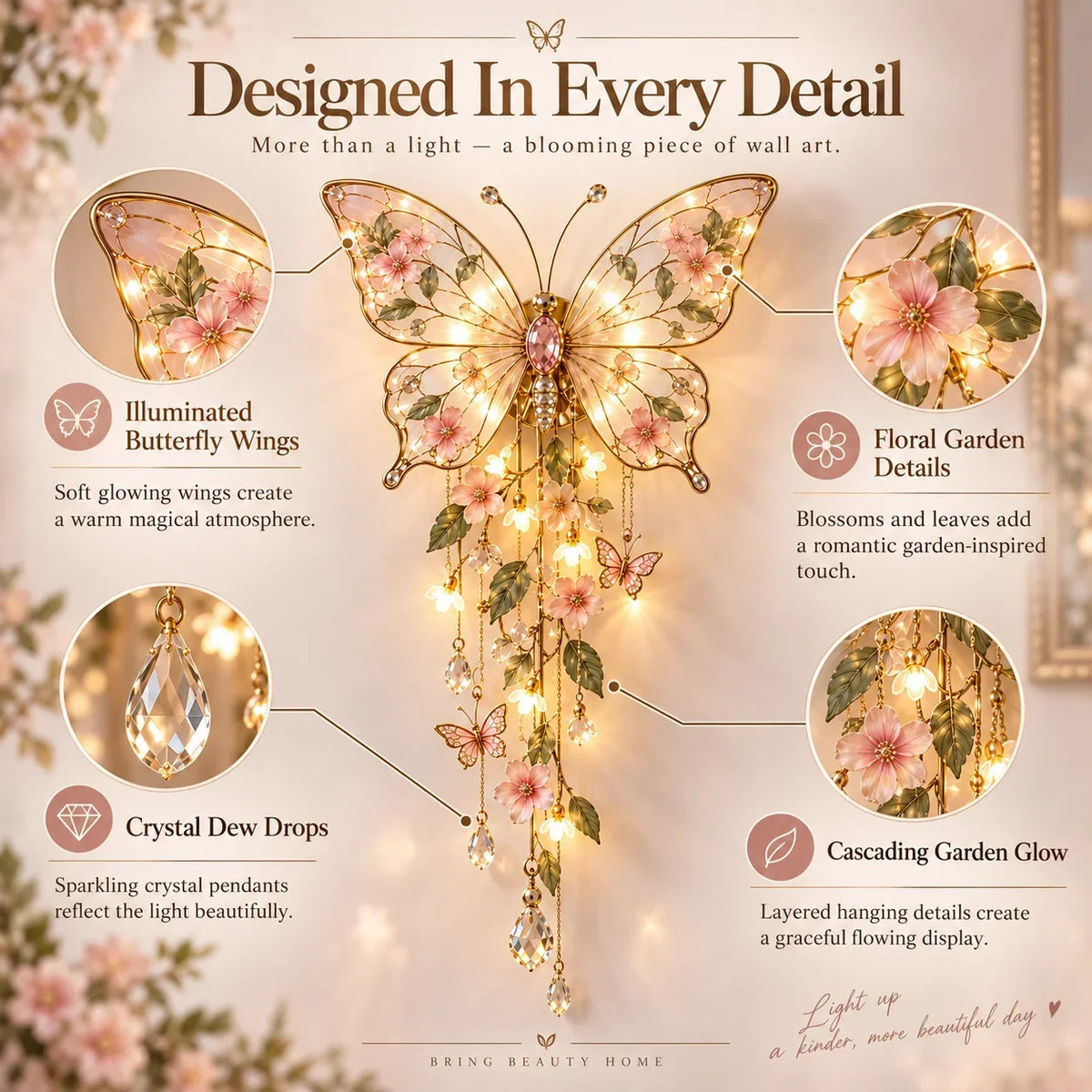 Butterfly Wall Light Floral Design Warm Ambient Glow