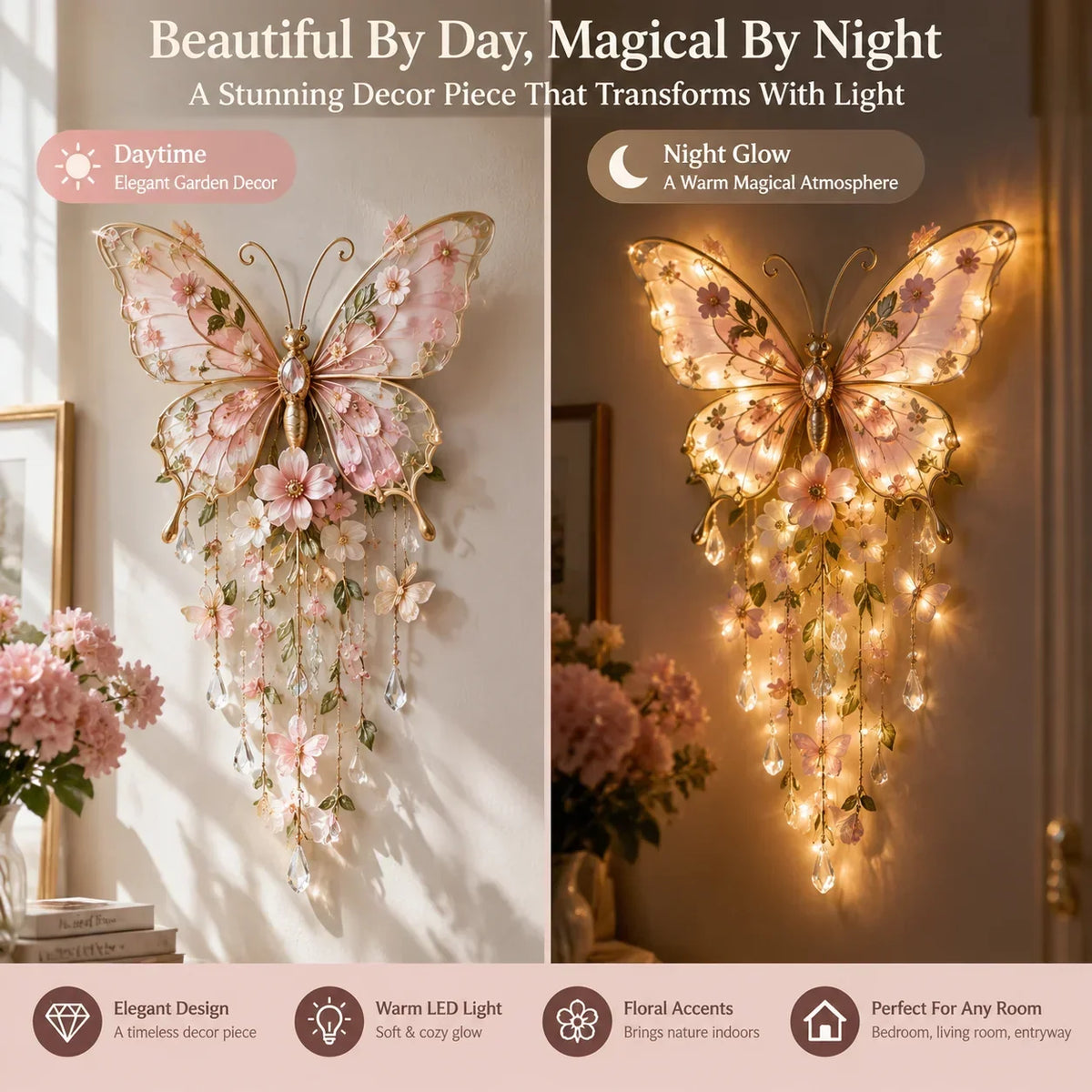 Butterfly Wall Light Floral Design Warm Ambient Glow