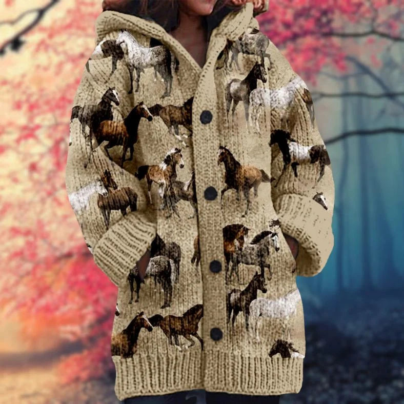 Button-Up Hoodie Thick Cozy Fabric Artistic Animal Print Deep Pockets